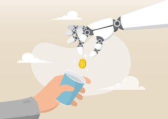 a robotic hand dropping a gold coin into a paper cup