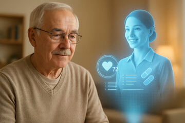 Smiling AI healthcare hologram assisting Caucasian senior male with medical information through interaction technology future