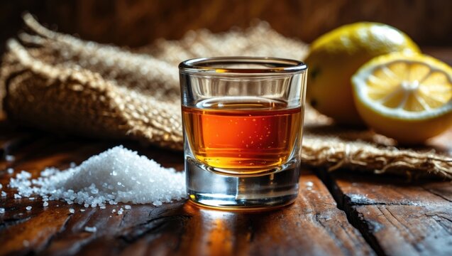 Glass of tequila with piece of cloth and a slice of lemon with salt on an old wooden table. Close-up shot, shallow depth of field, image vignetting, and orange-blue toning.