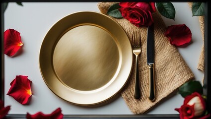 Cutlery placed on a napkin resting on an aged white decorated wooden table adorn with rose petals