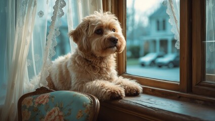 Cute adorable red-haired pet dog looking into window. Domestic animal poodle, golden doodle, terrier waiting expectantly for owner and friend human.