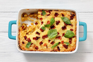 twice baked potato casserole in a baking dish