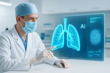 Medical professional studying advanced artificial intelligence scan of human lung anatomy in futuristic research laboratory