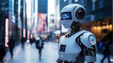 Fototapeta premium Robot in Metropolis: Contemplation amidst Urban Complexity and Technological Progress
