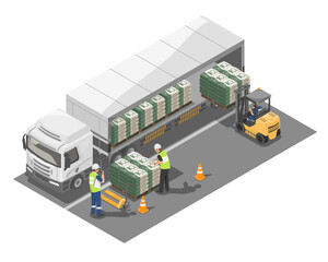 Construction workers loading cement bags onto a delivery truck using forklift and pallet jack to ensure efficient material transportation and site logistics © AllahFoto