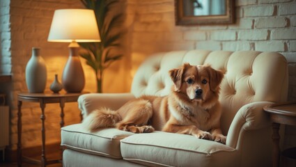 Adorable Husky dog resting on sofa in the living room