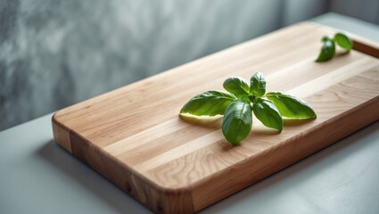 Cutting board and basil placed on a kitchen table. Culinary setting. Blank wooden cutting board, display space for products.
