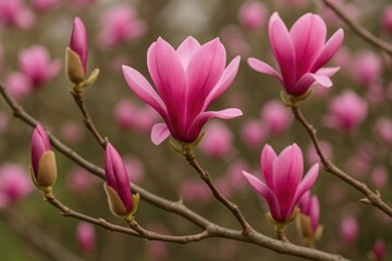 Fototapeta premium Detailed view of bright pink magnolia flowers and buds on leafless branches, indicating spring's beginning. The delicate petals stand out against the natural backdrop.