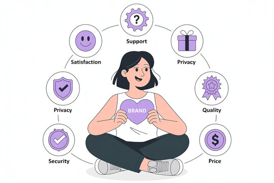 Cartoon Woman Holding Brand Heart Surrounded by Customer Service and Quality Elements Illustration