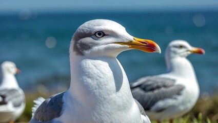 Obraz premium Detailed close-up of a white gull's face