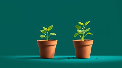 Growth and Development Two Young Plants in Terracotta Pots