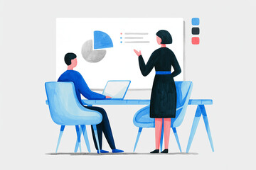 Watercolor Illustration of Business Meeting with Pie Chart, Presentation, and Laptop on Desk