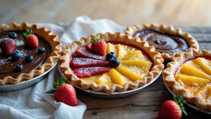 Detailed view of three different fruit pies showcasing various flavors