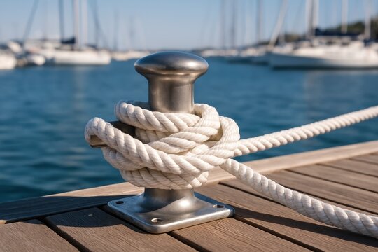 Detailed shot of a mooring bollard with a rope at a harbor