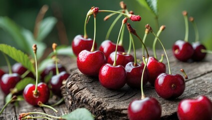 Detailed shot of mature wild cherries attached to branches