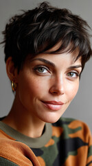 Confident Latina woman with short modern haircut in casual streetwear indoors. Concept of authenticity, self-expression, and contemporary femininity