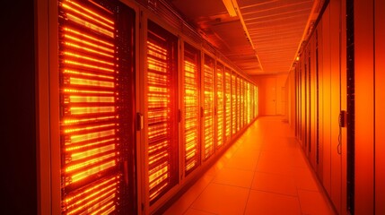Modern server room interior with rows of data center racks, glowing orange light reflections, and futuristic big data storage infrastructure for cloud computing and cybersecurity concepts