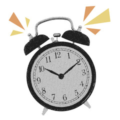 Vintage alarm clock with ringing bells halftone dotted, blending retro charm with timeless timekeeping to evoke nostalgia and punctuality.