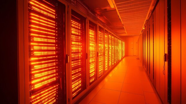 Modern server room interior with rows of data center racks, glowing orange light reflections, and futuristic big data storage infrastructure for cloud computing and cybersecurity concepts
