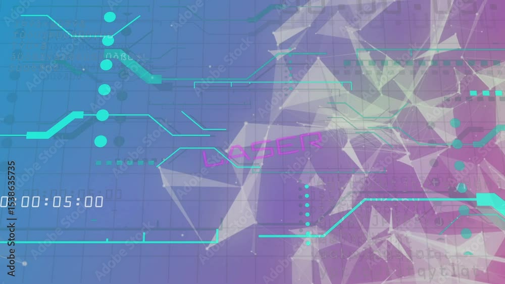 Poster mesh and hud animating in control-panel backdrop after grid shifts, with timer, laser, copy space