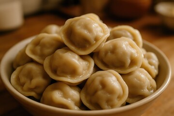 Detailed view of hand-crafted meat dumplings - classic rustic dish from Siberia