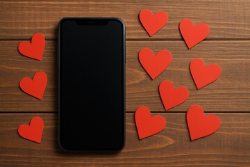 Detailed shot of a mobile device surrounded by love symbols on a wooden surface
