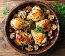 Roasted chicken thighs with mushrooms in a rustic bowl, garnished with rosemary and parsley.