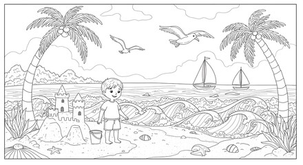 Beach Coloring Page for Kids Sandcastle, Palm Trees, and Ocean Fun