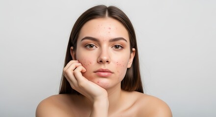 Woman with acne skin posing with hand on face portrait