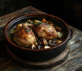 Roasted chicken legs with mushrooms and garlic in a rustic earthenware dish.