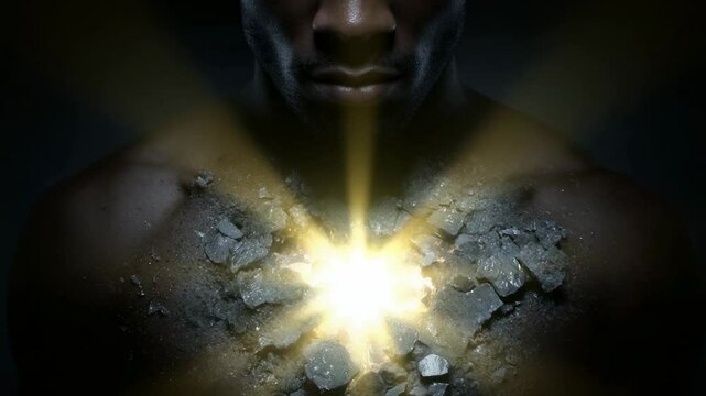 African american man reveals light and energy emanating from his chest