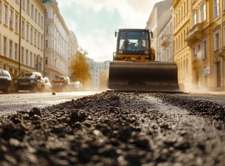 Road construction with a grader leveling asphalt.