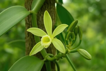 Fototapeta premium Detailed view of a vanilla orchid climbing plant with blooming flowers outdoors, showcasing flat leaves and the source of vanilla spice in a vertical shot.