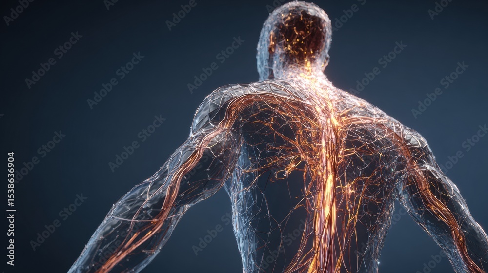 Poster stylized wireframe human body showcasing the intricate nervous system illuminated in a striking desi