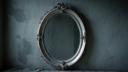 Antique weathered mirror with spooky reflection on aged concrete wall