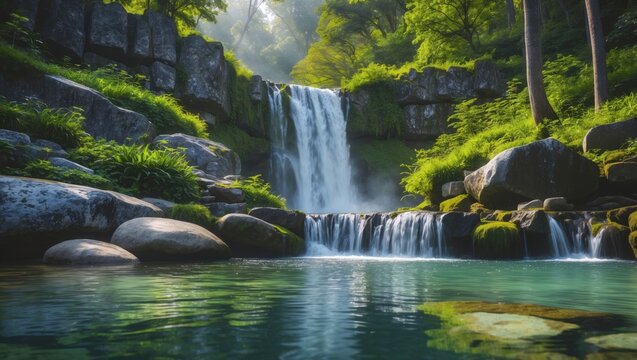 Lush tropical rainforest with cascading waterfall and vibrant green foliage