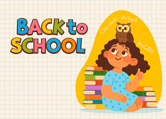 Back to school banner. Notebook paper horizontal background. Colorful text, schoolgirl, owl, stack of books. Flat style vector illustration