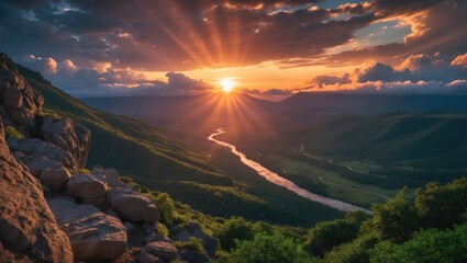 Sunset Over West Virginia's Beautiful Mountain and River Scene