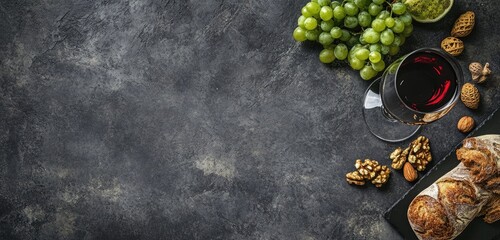 Red wine, grapes, bread, nuts on dark background.