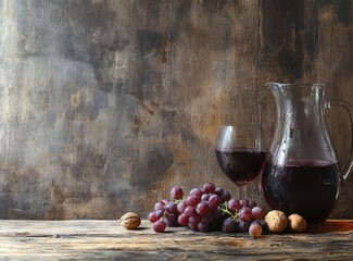 Red wine in a glass and pitcher, with grapes and walnuts on a rustic wooden table.