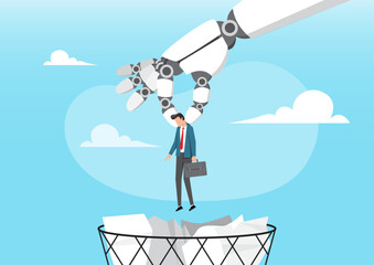 a robotic hand picking up a sad businessman