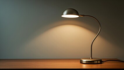 Vintage scene featuring a retro desk lamp illuminating a wooden table in a study or library setting