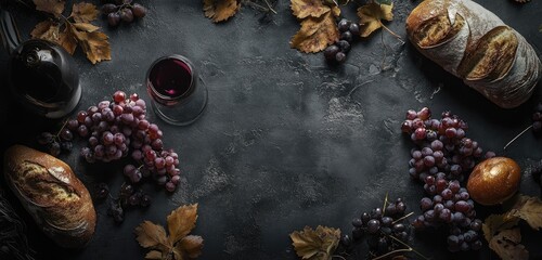 Red wine glass, grapes, bread, and autumn leaves on dark background.