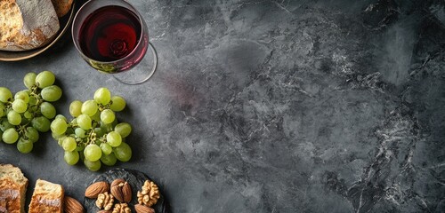 Red wine, grapes, bread, and nuts on a dark background.
