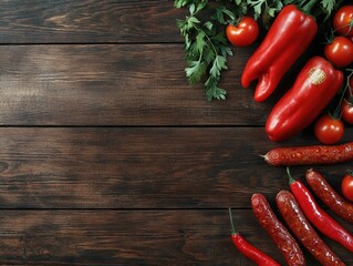Red peppers, sausages, tomatoes, and parsley on a dark wooden background.