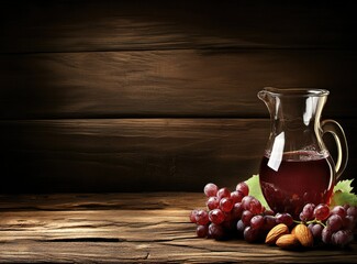 Red grape juice in a glass decanter with grapes and almonds on a rustic wooden table.