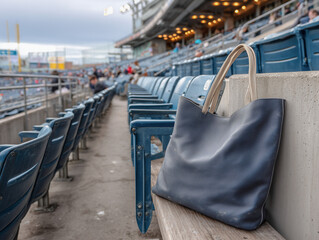 A bench in a baseball seating area and a large blue leather tote bag on. Concept of an unattended or forgotten or lost object.