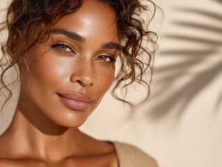 Close-up of the face of an attractive young brunette woman with warm golden skin. Her hair is wavy and behind her is a palm leaf shadow on the wall.