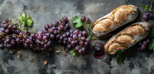 Red grapes, baguettes, and red wine on a rustic surface.