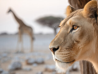 Close-up of the head of a lioness. In the background a group of giraffes in the African savannah.